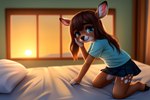 aisha anthro bed bedroom bottomwear cervid clothing cub female furniture hand_on_face hi_res kneeling mammal morning pillow shirt skirt solo sun sunrise topwear venison venisoncreampie young