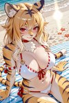 anthro beach bikini clothing female genitals kemono pupils pussy sand seaside sitting_on_ground slit_pupils solo stripes swimwear denis0k felid mammal pantherine tiger hi_res