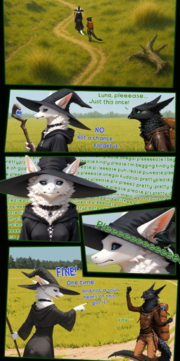 5_fingers annoyed anthro armor backpack barefoot beak begging belt black_body black_clothing black_collar black_fur black_robe blue_tentacles bodily_fluids bottomwear breasts claws clenched_teeth clothed clothing collar dagger dialogue digitigrade duo eye_roll eyebrows eyes_closed feet female fingers fist fluffy front_view fully_clothed fur gem gesture glowing glowing_tentacles grass grass_field green_sclera green_tongue happy hat headgear headwear high-angle_view holding_object holding_staff hood_down inner_ear_fluff joyful leather leather_armor leather_bottomwear leather_clothing leather_pants long_tail looking_at_another looking_forward looking_up mage_hat melee_weapon monotone_body monotone_fur mythology neck_tuft open_beak open_mouth pants plant pointing pointing_at_another red_tongue robe side_view small_breasts spots spotted_body spotted_fur staff sweat sweatdrop teeth tentacles text thick_tail tongue tree tree_stump tuft walking weapon white_body white_eyebrows white_fur white_spots wide_eyed oldhroft luna_(scalesai) shadow_(oldhroft) avian dragon furred_dragon mythological_creature mythological_scalie scalie velari absurd_res comic english_text hi_res huge_filesize