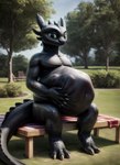 anthro belly big_belly biped black_body black_scales dragon green_eyes i89323 male night_fury scales scalie sitting solo tagme toothless vore western_dragon wingless_dragon