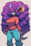 anthro baggy_pants big_breasts blue_body blue_bottomwear blue_clothing blue_pants blue_scales bottomwear breasts clothing countershade_face countershading curled_hair female hair hair_over_one_eye horn hyper hyper_ears hyper_hair long_hair pants pokemorph purple_eyes purple_hair red_clothing red_topwear ribbed_clothing ribbed_sweater scales simple_background smile solo standing sweater sweatpants thick_tail topwear white_background dakka nintendo pokemon generation_1_pokemon nidoqueen pokemon_(species) hi_res