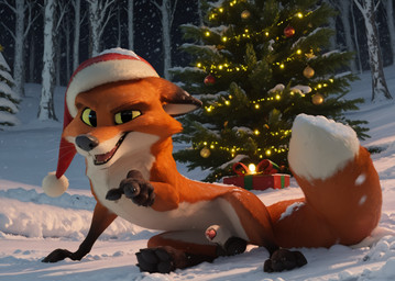 anatomically_correct anatomically_correct_genitalia animal_genitalia animal_penis balls black_balls bodily_fluids canine_genitalia canine_penis christmas_clothing christmas_headwear christmas_present christmas_tree claws clothing feral forest forest_background fur genital_fluids genitals gesture hat headgear headwear inviting leaking_precum lipsticking looking_at_viewer lying male nature nature_background night open_mouth orange_body orange_fur pawpads paws penis penis_tip plant pointing pointing_at_viewer precum pupils santa_hat sheath slit_pupils smile smirk snow snow_on_character solo toe_claws tongue tree white_body white_fur yellow_eyes yellow_sclera heronia dreamworks the_wild_robot fink canid canine fox mammal hi_res