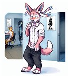 animal_genitalia anthro balls blush bottomwear bottomwear_down casual_nudity claws clothed clothing digitigrade embarrassed genitals group inside looking_away male nude office pants pants_down partially_clothed penis penis_tip sheath sitting solo solo_focus surprise unbuttoned_shirt undressing hamgas_(director) background_character eeveelution generation_1_pokemon generation_4_pokemon generation_6_pokemon luxray pokemon_(species) raichu sylveon