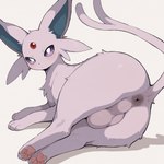 anus backsack balls blush butt butt_focus feral genitals looking_at_viewer lying male on_side pawpads paws pink_pawpads presenting presenting_hindquarters purple_body purple_eyes simple_background solo busahou eeveelution espeon generation_2_pokemon pokemon_(species) hi_res