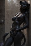 anthro athletic athletic_female black_body black_fur breasts eyes_closed female fur genitals hair leaning leaning_back masturbation nipples nude pussy realistic realistic_fur realistic_lighting shower smile solo spots tuft water wet wet_body wet_fur gren_art felid mammal pantherine absurd_res hi_res