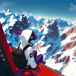 3_toes 5_fingers ambiguous_gender anthro backpack blue_sky clothing feet fingers high-angle_view hoodie looking_at_viewer looking_back mountain_range outside pink_eyes purple_body purple_sclera sitting sky snow snow_on_ground snowing solo toes topwear white_clothing white_hoodie white_topwear adragocult synth_(vader-san) 1:1 absurd_res hi_res