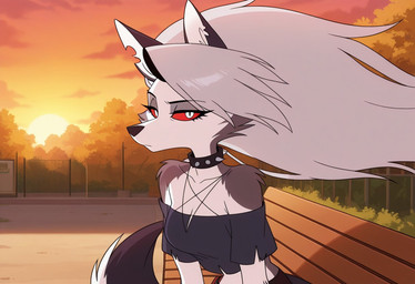 anthro female fur hair light public red_eyes solo sunlight white_body white_fur white_hair wind foxfire22 helluva_boss loona_(helluva_boss) canid canid_demon demon hellhound mammal