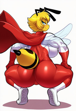 anthro big_breasts big_butt blonde_hair blue_eyes bodysuit breasts butt cape clothing costume crouching female footwear hair hand_on_leg hand_on_thigh looking_at_viewer looking_back non-mammal_breasts omni_man_(cosplay) rear_view shoes simple_background skinsuit smile solo thick_thighs tight_clothing white_background wings hellsonger arthropod bee hymenopteran insect 2025 hi_res