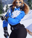 anthro blonde_hair blue_eyes felid female hair leopard long_hair mammal pantherine skiing snow solo tahlia tahlia_(director) winter winter_clothing winter_coat