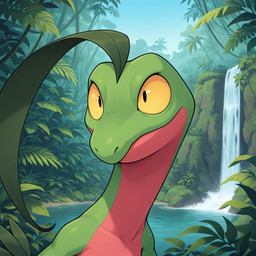 ambiguous_gender anthro green_body leaf leaf_hair multicolored_body plant plant_hair pseudo_hair red_body smile solo tree two_tone_body vines waterfall yellow_sclera jtizzle1989 nintendo pokemon generation_3_pokemon grovyle pokemon_(species) headshot_portrait portrait