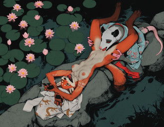 4_fingers 5_fingers anthro areola armpit_showing asian_clothing black_pawpads blue_clothing breasts breasts_apart chest_tuft claws clitoris clothed clothing cunnilingus dipstick_tail discarded_clothing duo east_asian_clothing fangs feet female female/female fingers flower fundoshi fur genitals gloves_(marking) grey_body grey_fur high-angle_view interspecies japanese_clothing kimono lake leg_markings lily_pad looking_pleasured lying male male/female markings multicolored_body multicolored_fur navel night nipples nude on_back one_eye_closed open_mouth oral orange_body orange_fur outside partially_submerged pawpads pink_nose plant print_clothing pussy red_clothing red_sclera sex socks_(marking) tail tail_markings teeth text toe_claws toes tongue tongue_out topwear tuft two_tone_body underwear vaginal water white_body white_fur soloko american_opossum canid canine fox mammal marsupial red_fox digital_media_(artwork) hi_res