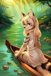 anthro black_nose blonde_hair boat brown_body brown_fur clothed clothing dress female forest fully_clothed fur hair inner_ear_fluff light light_beam long_hair looking_at_viewer looking_back markings orange_eyes plant river sitting smile solo striped_markings striped_tail stripes sunbeam sunlight tail_markings tan_body tan_fur tree tuft vehicle water watercraft fuzzy_logic canid canine felid hybrid mammal hi_res