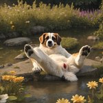 absurd_res anthro canid canine canis creek director_cougar domestic_dog female flower forest fur genitals hi_res huge_filesize looking_at_viewer mammal molosser mountain_dog multicolored_body multicolored_fur open_pussy plant pussy saint_bernard solo spread_legs spreading tree