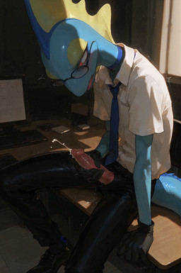 anthro blue_body bodily_fluids business_clothing clothing cum cumshot ejaculation eyewear genital_fluids genitals glasses male masturbation necktie penis shirt sitting_on_table solo topwear dot_8 nintendo pokemon generation_8_pokemon inteleon pokemon_(species) hi_res