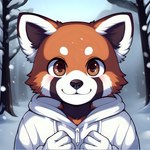 absurd_res ailurid anthro blush brown_eyes clothing face_focus forest frosting.ai fur glistening glistening_eyes hi_res hoodie looking_at_viewer male mammal mr_diddlez orange_body orange_fur plant red_panda rosso_(mr_diddlez) smile snow solo topwear tree white_body white_fur