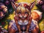 anthro bodily_fluids breasts canid canine clothed clothing cum cum_pool dress ear_piercing eyewear foreskin fox genital_fluids genitals glasses gynomorph high-angle_view intersex kneeling leaking_cum looking_at_viewer looking_up mammal penis piercing raz_snowpaw solo tongue tongue_out