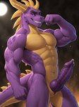 adzyx3m_(director) animal_genitalia anthro belly bodily_fluids dragon flexing genital_fluids genital_slit genitals grin hi_res horn knot looking_at_viewer male multicolored_body muscular nude particles penile_spines penis precum purple_body purple_eyes purple_penis scales scalie simple_background slit smile solo spots spyro spyro_the_dragon standing two_tone_body yellow_belly yellow_horn