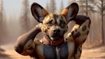 absurd_res african_wild_dog anthro bumblebee95 canid canine clothed clothing collar detailed_background hands_behind_head hi_res looking_at_viewer male mammal muscular realistic solo topless wallpaper