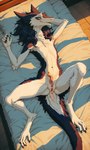 anthro anus bags_under_eyes bed blue_eyes chest_tuft claws clitoral_hood digitigrade featureless_chest female flat_chested fur furniture genitals hair looking_at_viewer lying messy_hair multicolored_body multicolored_fur nude on_back on_bed prehensile_clitoral_hood presenting presenting_pussy pussy slim smile solo spread_legs spreading thick_tail tuft white_body white_fur y_anus oldhroft sergal absurd_res hi_res