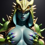 anthro armor breast_grab breasts clawed_hands claws clothed clothing exposed_breasts female green_body green_clothing green_scales hand_on_breast headgear helmet holding_breast hood lips lipstick makeup non-mammal_breasts open_clothing open_topwear partially_clothed scales solo spikes topwear yellow_eyes wahrdu animal_humanoid humanoid lizard reptile reptile_humanoid scalie scalie_humanoid invalid_tag hi_res