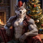 anthro askiewarg belt black_nose body_hair bottomwear canid canine canis christmas_tree clothed clothing eyebrows fireplace grey_body happy_trail hatiwarg_fursona inner_ear_fluff looking_at_viewer male mammal muscular muscular_male navel pants plant raised_eyebrow red_eyes red_mohawk sitting solo tree tuft white_body wolf