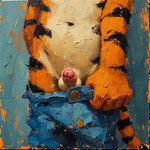 anthro belly blue_clothing bottomwear close-up clothing crotch_focus denim denim_clothing erection extravirginweaseloil genitals jeans male pants penis small_penis solo stripes toony undressing felid mammal pantherine tiger painting_(artwork) traditional_media_(artwork)