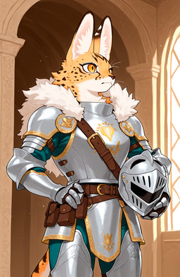 4_fingers anthro armor armor_plates belt belt_pouch clothing countershading female fingers fur fur_trim furgonomic furgonomic_headwear gauntlets gloves gold_trim hallway hand_on_hip handwear headgear helmet holding_object knight plate_armor shoulder_armor solo spots spotted_body spotted_fur tail teal_clothing utility_belt warrior whiskers white_body white_countershading yellow_body yellow_eyes yellow_fur loren_iipsum felid feline mammal serval hi_res portrait three-quarter_portrait
