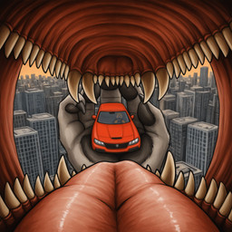 car city duo fangs imminent_vore macro male micro reverse_mouth_shot teeth tongue vehicle thedavid cheetah felid feline mammal hi_res