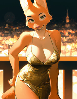 abstract_background big_breasts breasts city cityscape cleavage clothed clothing dress eyebrows eyelashes female fingers fur glistening glistening_clothing gold_dress green_eyes hand_on_hip huge_breasts inner_boob inner_ear_fluff lips looking_at_viewer open_mouth orange_body orange_fur pink_nose smile solo sparkles tail tuft white_body unknown_director the_bad_guys diane_foxington canid canine fox mammal hi_res