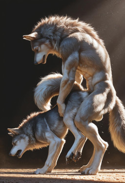 abs abstract_background ambiguous_gender ambiguous_on_anthro ambiguous_penetrated ambiguous_penetration anthro anthro_on_feral anthro_penetrating athletic athletic_anthro balls bestiality black_nose bodily_fluids butt claws dark_background digitigrade duo dust feral feral_on_bottom feral_penetrated fluffy fluffy_fur fluffy_tail from_behind_position fur genital_fluids genitals grey_body grey_fur hip_grab intraspecies_bestiality knotted knotting male male/ambiguous male_on_feral male_penetrating male_penetrating_ambiguous male_penetrating_feral moan moaning neck_tuft nude pale_body pawpads penetration sex side_view standing standing_doggystyle tuft wolf_ears wolf_tail gray_wlf canid canine canis mammal werecanid werecreature wolf absurd_res hi_res