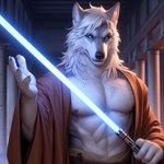 anthro canid canine canis fur humanoid jedi lightsaber male mammal melee_weapon muscular solo temple weapon white_body white_fur wolf