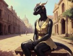 anthro bench black_body black_scales blue_eyes building clothing dress ear_piercing ear_ring featureless_chest female flat_chested hands_together hi_res horn outside piercing ring_piercing scales scalie seductive sitting smile solo squamous street