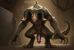 animal_genitalia animal_penis anthro balls big_penis biped bodily_fluids claws dripping erection feral finger_claws genital_fluids genitals horn looking_at_viewer male nude penis precum precum_drip precum_string scales sharp_teeth solo tail teeth text toe_claws yellow_eyes sergalbutt fallout deathclaw reptile scalie signature url