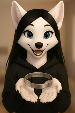 anthro black_hair blue_eyes choker clothing female fur hair jewelry looking_at_viewer necklace silver_snowflake smile solo white_body white_fur foxytaill arctic_fox canid canine fox mammal absurd_res hi_res