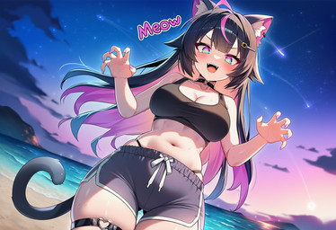 abs accessory animal_ears athletic athletic_build beach bell belt bikini_panties black_clothing black_hair black_topwear blue_hair blush bodily_fluids bottomwear bra breasts cat_tail cleavage clothed clothing cloud collar crop_top curvaceous curvy_figure drawstring dusk fangs female glistening glistening_body glistening_skin gradient_hair grey_bottomwear grey_clothing grey_shorts grin hair hair_accessory hairclip jewelry large_breasts long_hair meow midriff multicolored_eyes night onomatopoeia open_mouth outside pink_eyes pink_stripe_hair purple_hair rainbow_eyes sea seaside sharp_teeth shirt shooting_star shorts sky smile solo sound_effects sports_bra star summer sweat teeth text topwear twilight underwear voluptuous water wet wet_body wet_skin yellow_eyes nullspark animal_humanoid humanoid mammal
