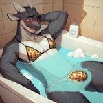 animal_print anthro bath bathtub bikini blush bottle bulge clothed clothing crossdressing grey_body hand_behind_head horn leopard_print male open_mouth partially_submerged pony_diffusion_(model) swimwear tile tile_wall two-tone_body wall_(structure) water white_body director_aislopper kobold hi_res