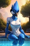 anthro beak clothing feathers female nipple_outline shirt solo t-shirt t-shirt_only tail_feathers topwear wet wet_clothing birdovo avian bird blue_jay corvid jay_(bird) new_world_jay oscine passerine hi_res