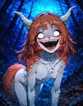 anthro empty_eyes female fur hair horn red_body red_fur red_hair sharp_teeth smile smiling_at_viewer solo teeth white_body white_fur meara canid canid_demon demon grinion_(species) mammal hi_res