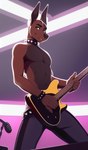 absurd_res anthro athletic canid canine canis clothed clothing collar dobermann domestic_dog electric_guitar guitar hi_res humanoid male mammal musical_instrument pinscher plucked_string_instrument rockstar seductive shirtless_male solo string_instrument studded_collar topless topless_male yopfox