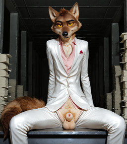 animal_genitalia anthro balls bedroom_eyes brown_body brown_fur canine_ears canine_genitalia canine_nose clothing dress_shirt ears_up fluffy fluffy_balls fluffy_tail fully_sheathed fur genitals looking_at_viewer male money narrowed_eyes neck_tuft penis presenting presenting_balls presenting_penis seductive sheath shirt sitting_on_table solo suit_jacket tail topwear tuft warehouse yellow_eyes zipper_down atherionrave the_bad_guys mr._wolf_(the_bad_guys) canid canine canis mammal wolf hi_res