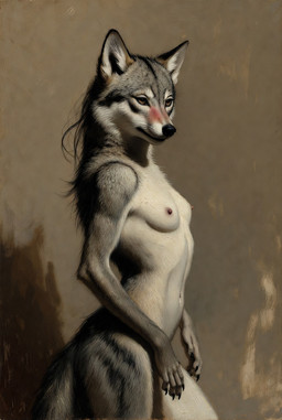 anthro black_nose blush blush_lines breasts brown_body brown_fur claws detailed_fur elegant female fgjgydjkfgukh fur grey_body grey_fur hair half-closed_eyes long_hair looking_at_viewer mature_female narrowed_eyes nipples nude realistic seductive side_boob simple_background smile smirk solo standing tan_body tan_fur three-quarter_view yellow_eyes canid canine canis mammal wolf detailed oil_painting_(artwork) painting_(artwork) portrait traditional_media_(artwork)