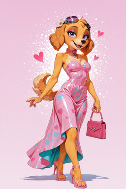 3_toes 4_fingers <3 abstract_background accessory anthro black_nose breasts buckle claws clothed clothing collar dress eyelashes eyewear eyewear_on_head feet female fingers floppy_ears flower flower_in_hair fluffy fluffy_tail footwear front_view fully_clothed fur glistening glistening_clothing glistening_eyes goggles goggles_on_head hair hair_accessory handbag heart_symbol high_heeled_sandals high_heels light long_dress long_eyelashes looking_at_viewer multicolored_body pattern_clothing pattern_dress paws pink_background pink_claws pink_clothing pink_collar pinup plant plantigrade pose purple_eyes sandals shadow simple_background slim slim_female small_breasts smile solo stiletto_heels strapless_clothing strapless_dress tan_body tan_fur teeth toe_claws toes tongue two_tone_body walking yellow_body yellow_fur merl paw_patrol skye_(paw_patrol) canid canine canis domestic_dog mammal mixed_breed full-length_portrait hi_res lighting portrait
