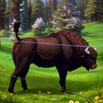 1:1 bison blue_eyes bovid bovid_horn bovine bovine_horn brown_body brown_fur colored detailed detailed_background european_bison female feral field fur genitals hi_res horn lungfish1223 mammal plant presenting pussy raised_tail solo tree