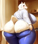 anthro big_breasts big_butt blush bottomwear bottomwear_down bottomwear_pull breasts butt clothed clothing clothing_pull female fur huge_breasts huge_butt looking_at_viewer looking_back looking_back_at_viewer nipple_outline open_mouth orange_eyes overweight overweight_female pants pants_down pants_pull partially_clothed presenting presenting_hindquarters rear_view solo surprised_expression thick_thighs topwear white_body white_fur wide_hips undertale_(series) toriel boss_monster bovid caprine mammal hi_res