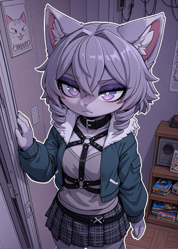 anthro bangs checkered_clothing clothing collar detailed_background drill_curls electronics eyeliner female fluffy fur grey_body grey_fur grey_hair hair harness high-angle_view inner_ear_fluff jacket living_room makeup outline pattern_clothing solo speaker topwear tuft video_games wire holo_(director) felid feline mammal absurd_res detailed hi_res portrait three-quarter_portrait