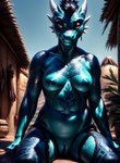 anthro black_hair blue_body blue_nipples blue_scales breasts female hair hi_res horn kobold looking_at_viewer marcus64 navel nipples non-mammal_breasts non-mammal_nipples polynesian scales scalie short_hair sitting solo