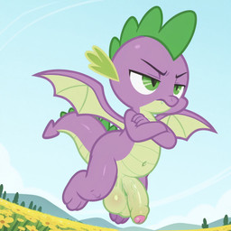 annoyed anthro balls big_balls big_penis crossed_arms detailed_background flower_field flying foreskin genitals humanoid_genitalia humanoid_penis male mythology partially_retracted_foreskin penis scales sky solo wings boxen549 friendship_is_magic my_little_pony spike_(mlp) dragon mammal mythological_creature mythological_scalie scalie