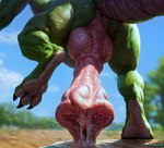 399secondplaces anthro anus big_penis bodily_fluids butt faceless_character faceless_male feral flared_penis genital_fluids genitals green_body hi_res hindpaw huge_penis hyper hyper_genitalia hyper_penis knot low-angle_view male messy one_leg_up paws penis precum presenting presenting_hindquarters presenting_penis raised_leg rear_view solo unusual_anatomy unusual_genitalia unusual_penis wrinkled_feet