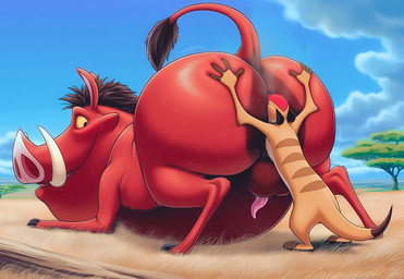 anatomically_correct anatomically_correct_genitalia ass_up balls belly big_belly big_butt blue_sky bodily_fluids body_worship bubble_butt butt butt_grab butt_sniffing butt_worship cartoon_character cloud duo feral genitals grass hair hand_on_butt male male/male mohawk musk musk_clouds on_model outside penis penis_tip plant presenting presenting_hindquarters raised_tail red_body red_hair savanna sky sniffing sweat tail_tuft tuft yellow_sclera yoshiba disney the_lion_king pumbaa timon herpestid mammal meerkat suid suina warthog hi_res
