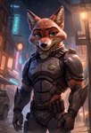 anthro armor armwear backlighting belt car city city_background clothing disney fingerless_gloves futuristic_armor gloves half-closed_eyes handwear lamp lantern light looking_at_viewer male narrowed_eyes neck_tuft night night_sky police_badge police_uniform smile smug solo tuft uniform vehicle speedykiwi zootopia nick_wilde canid canine fox mammal absurd_res hi_res lighting